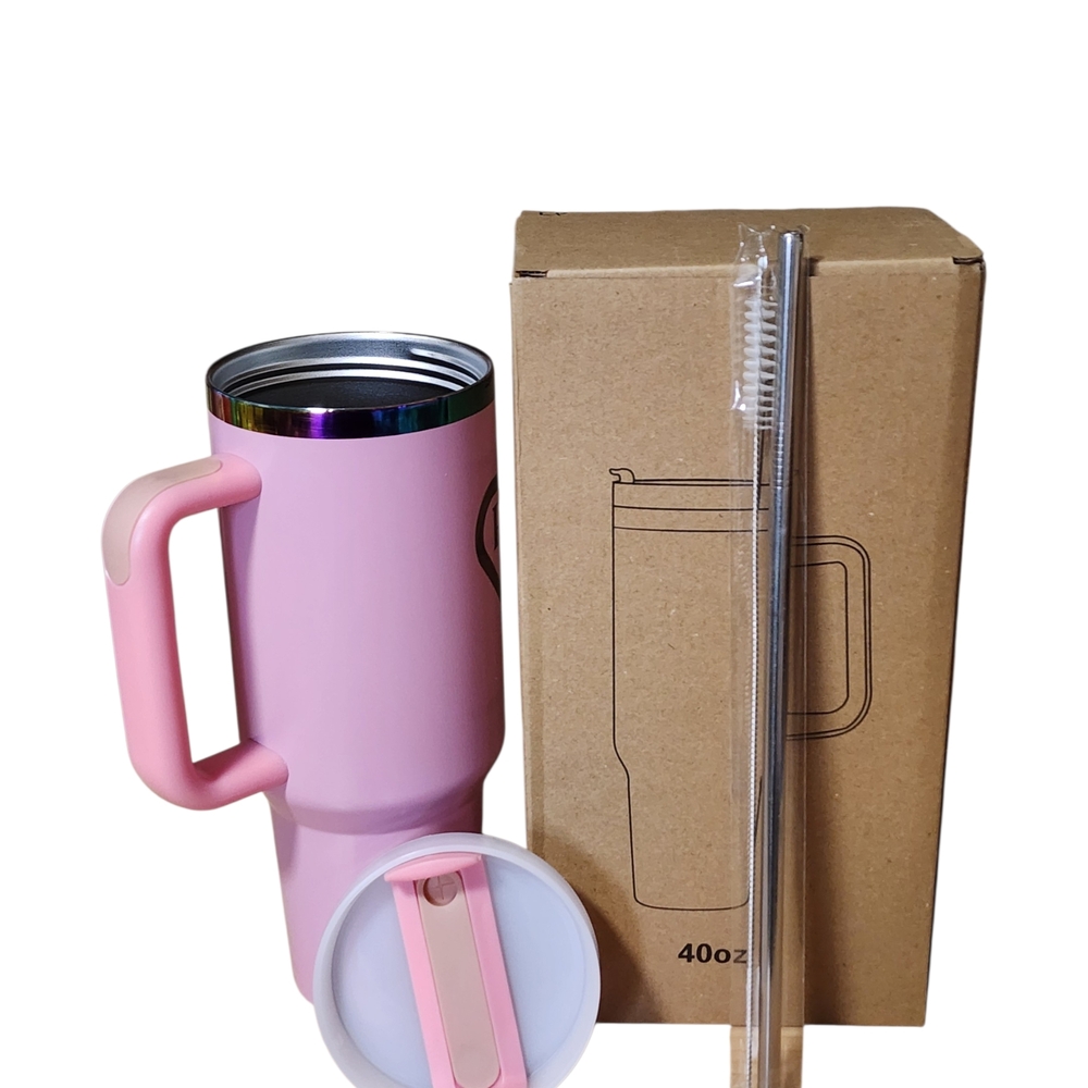 Pink Insulated Travel Mug with Handle and Straw - 40oz Engraved Design